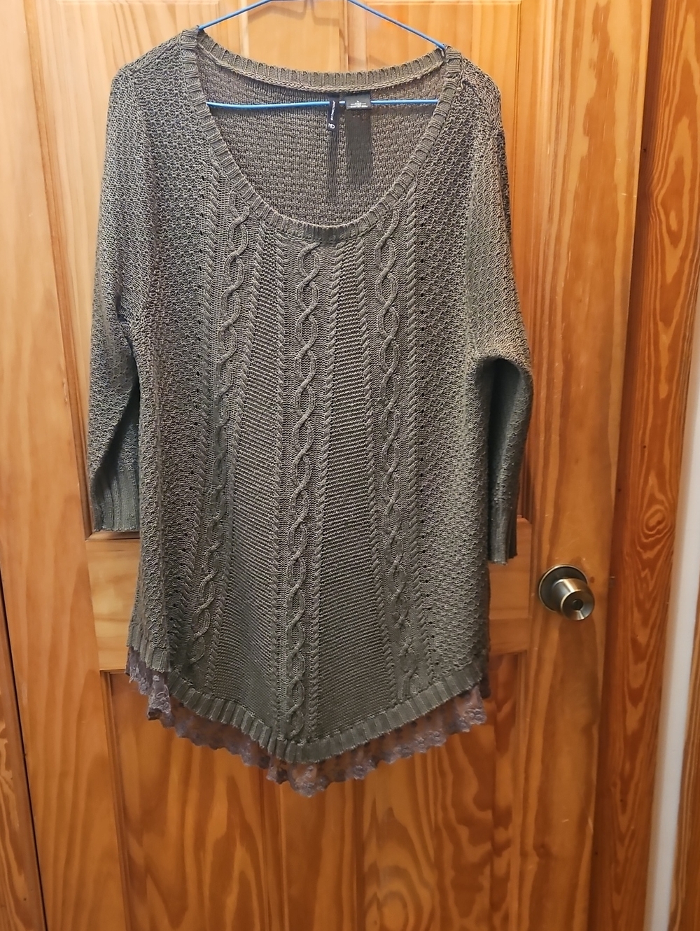 Women’s Olive Green Cable Knit Sweater with Lace Trim
